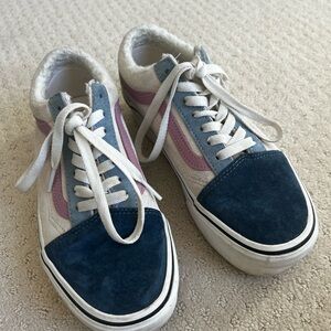 VANS Old Skool Cream,Blue and Pink Suede Platforms  with Shearling liner